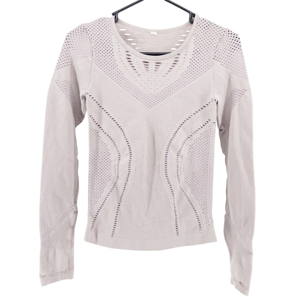ALO Yoga Long Sleeve Open-Knit Seamless Top in Light Taupe